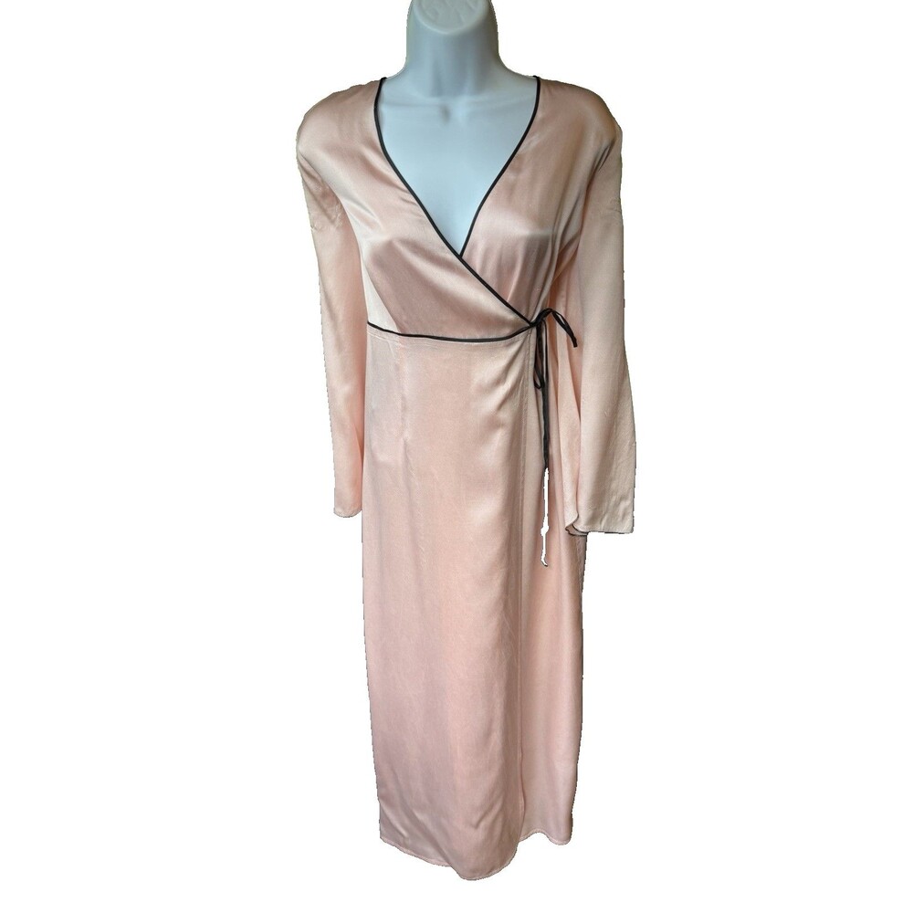 August Silk Long Robe Vintage Pink 100% Silk Size M Long Sleeve Black Piping